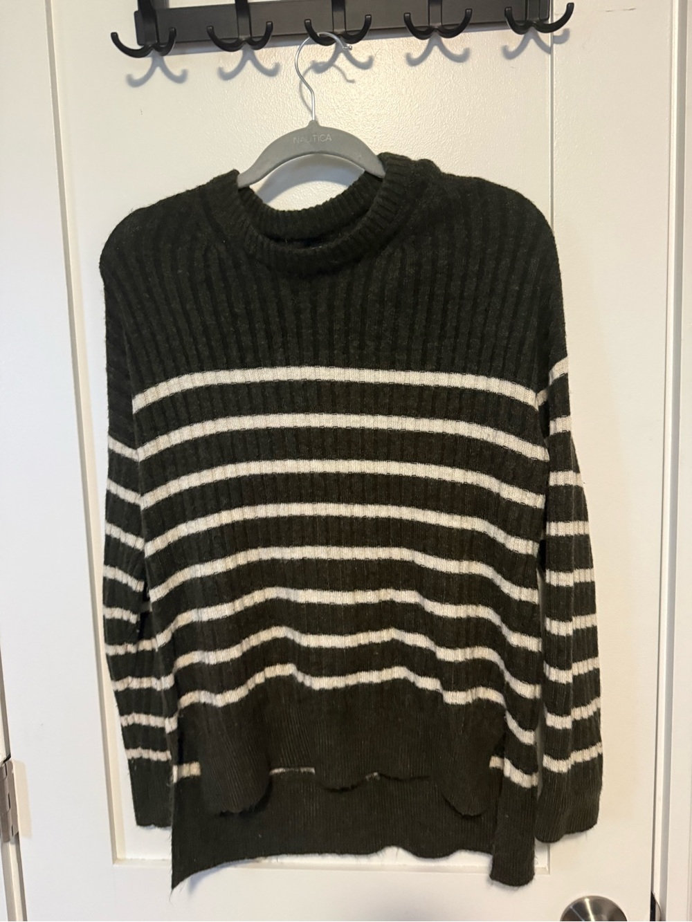 Abercrombie & Fitch Olive Green and White Striped Ribbed Crewneck Sweater